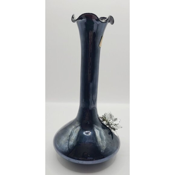 Murano Crystal Glass Vase With Silver Floral Accent 8 Inches Tall Black/Amethyst - Picture 4 of 10